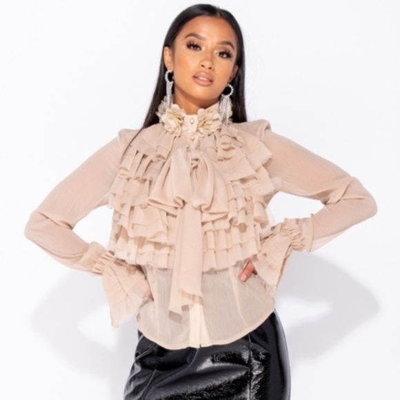 Natalia Nude Ruffle Front Pussy Bow Blouse Top - Picture 5 of 8